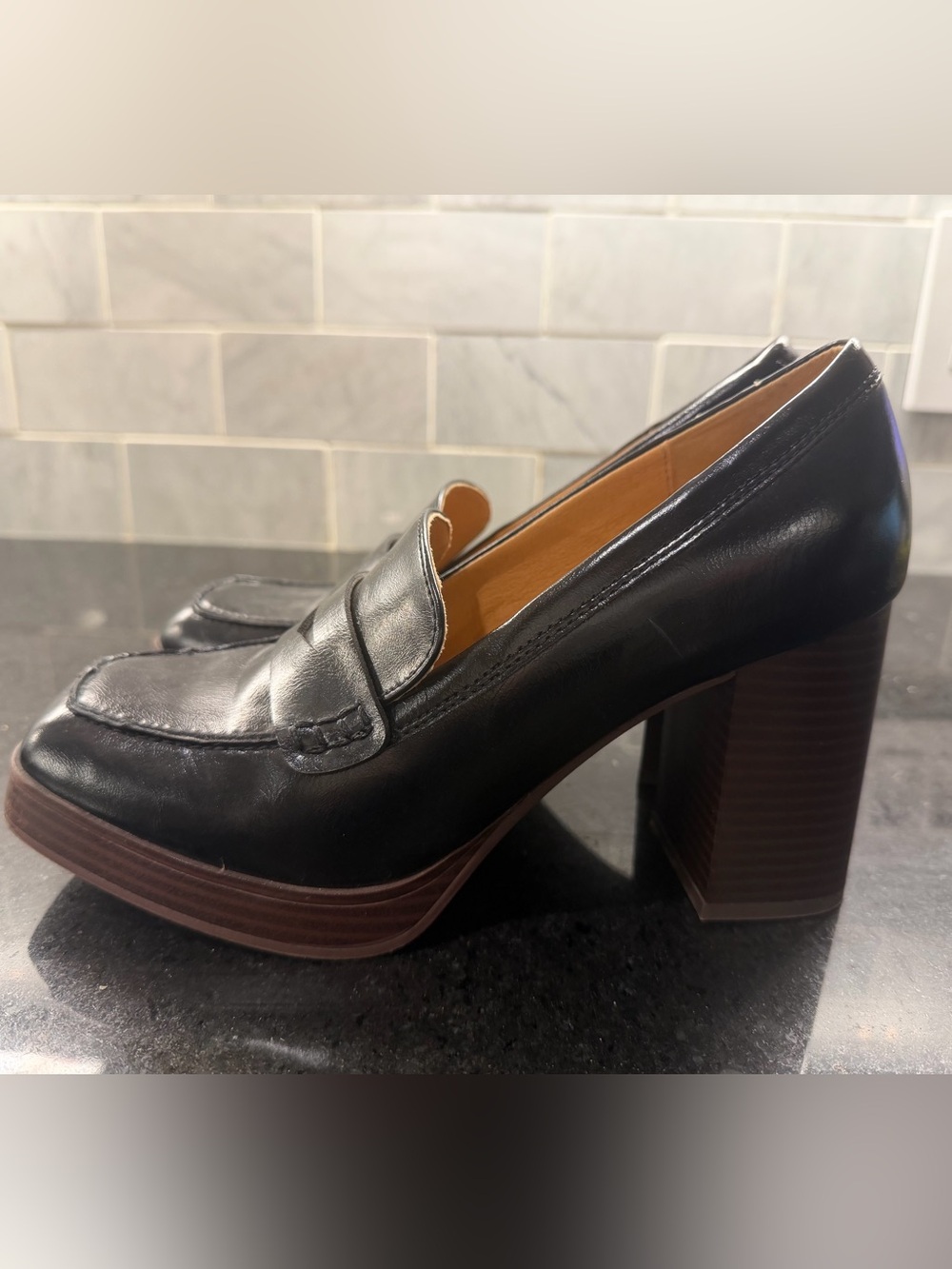 Nine West Black Leather Platform Loafer Pumps Block Heel Women’s Size 8